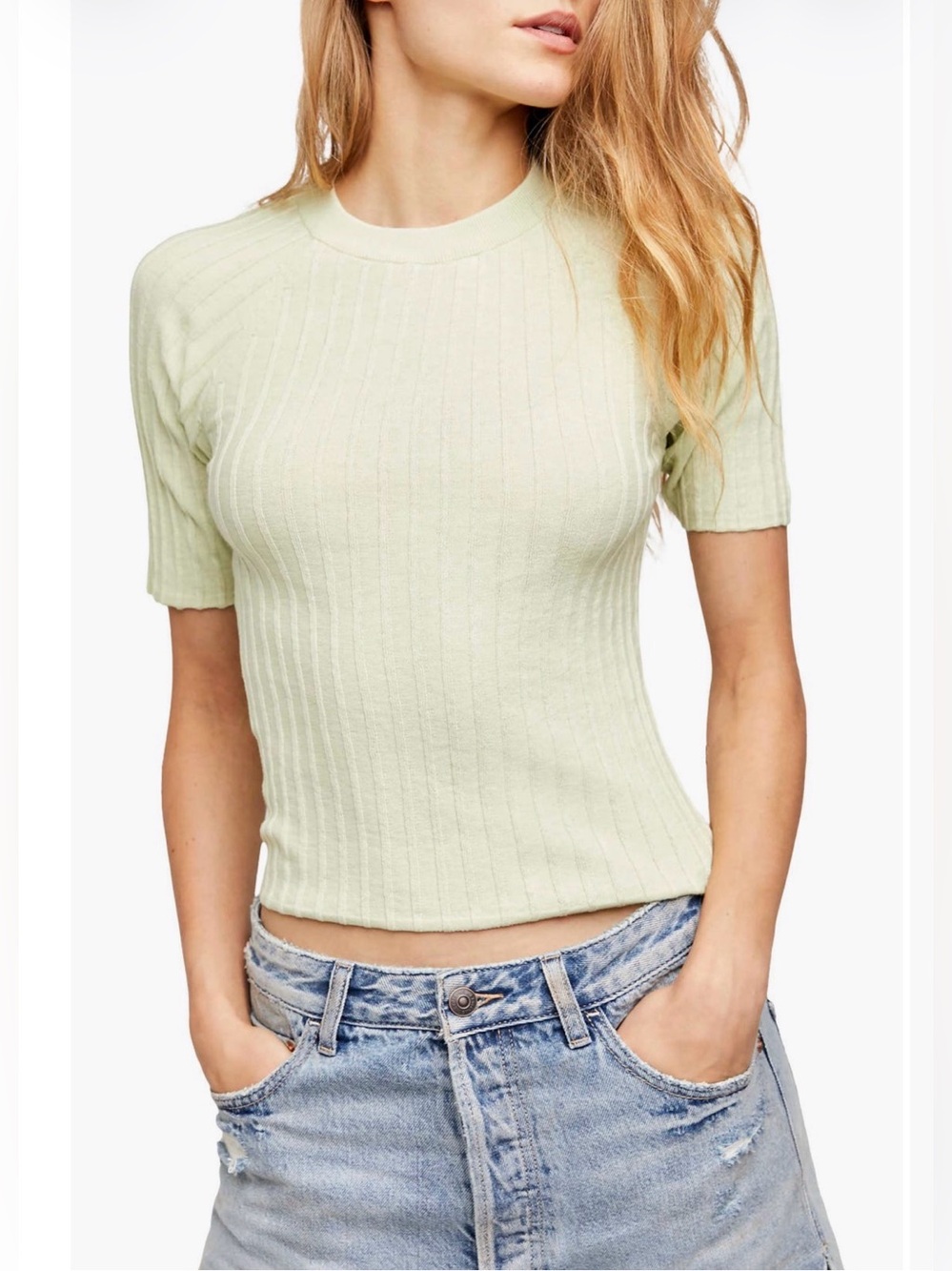 Free People Crewneck Ribbed Sweater Top Sugared Mint Green Large